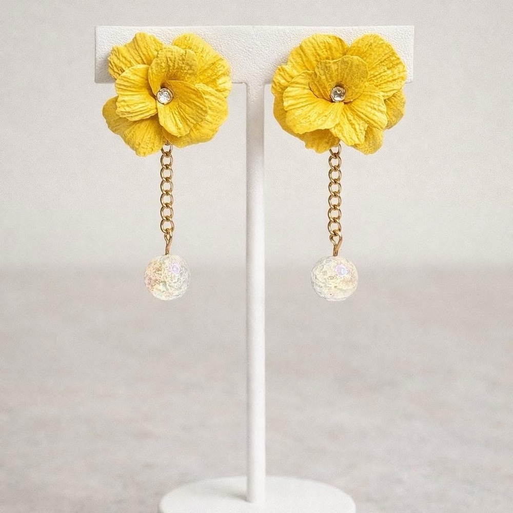 Artisan Made Yellow Floral Drop Earrings Polymer Clay Hand Made